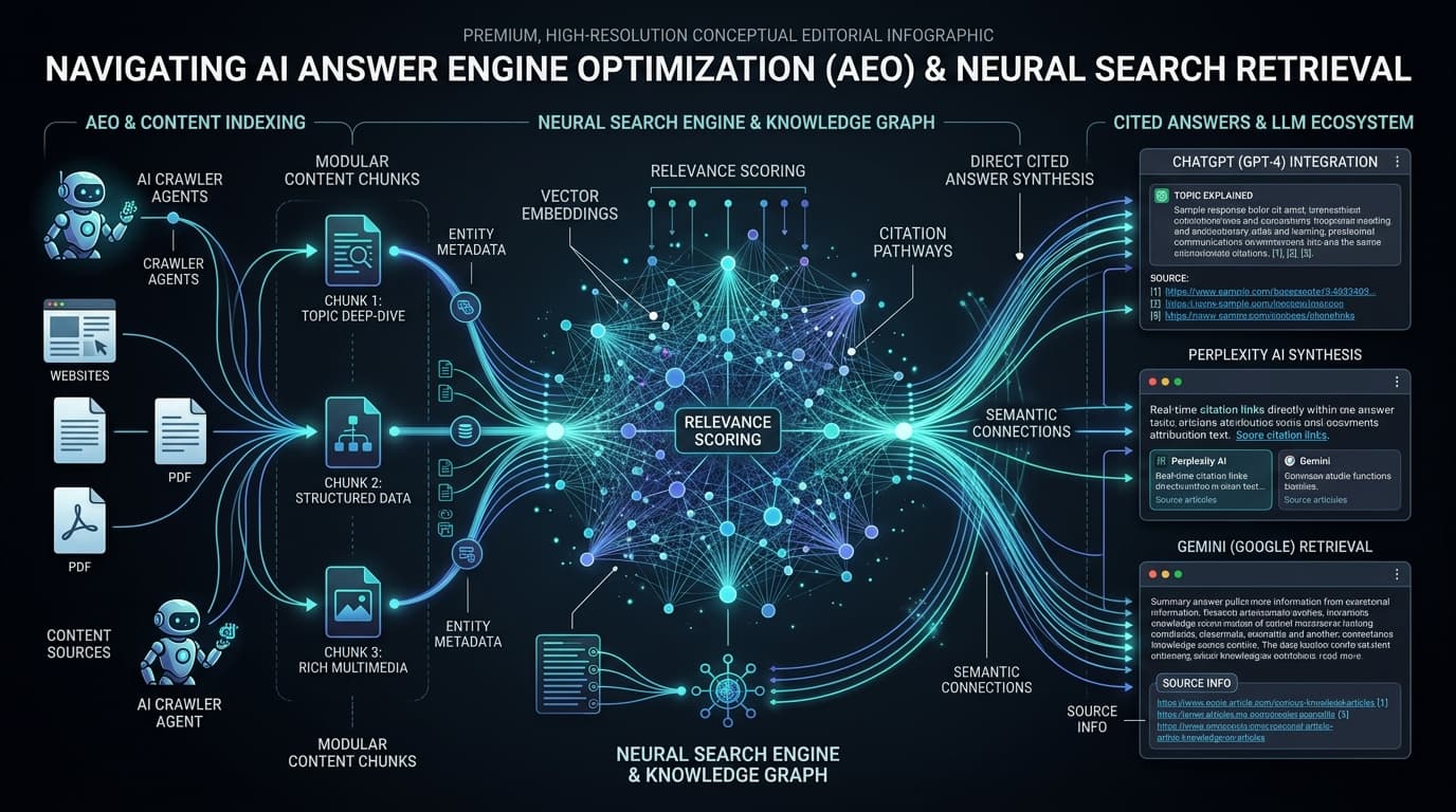 Conceptual Architecture of AI Answer Engine Optimization (AEO) showing crawler agents, vector embeddings, and direct citation pathways
